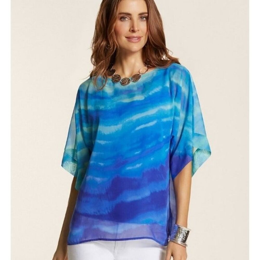 CHICO'S Cana Top Women 2 Blue Cool Tie Dye Half Dolman Sleeve Cover Up